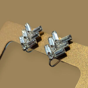 Vintage Jay Flex Sterling Silver Baguette Cut Rhinestone Screw Back Earrings